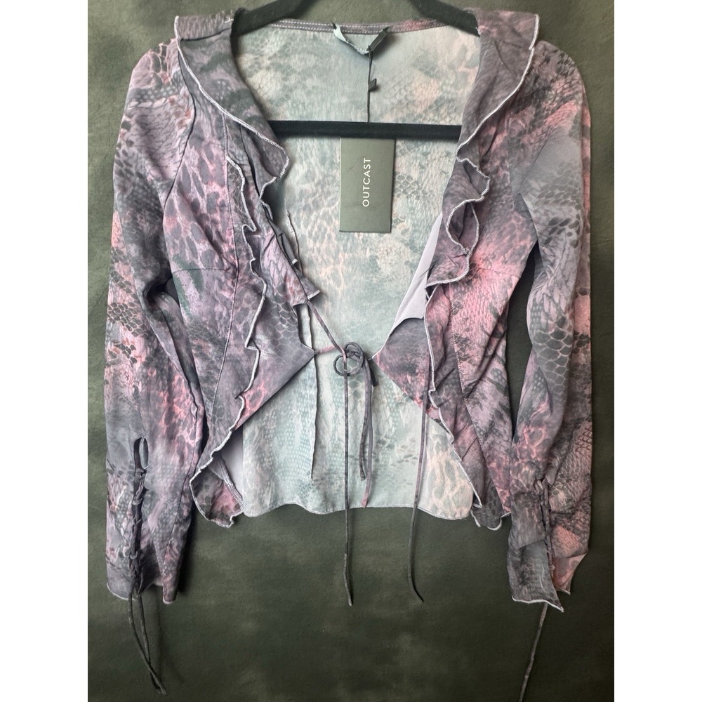Outcast Clothing Snake Print Tie Front Top NWT Pink Grey Ruffle Mesh Y2K